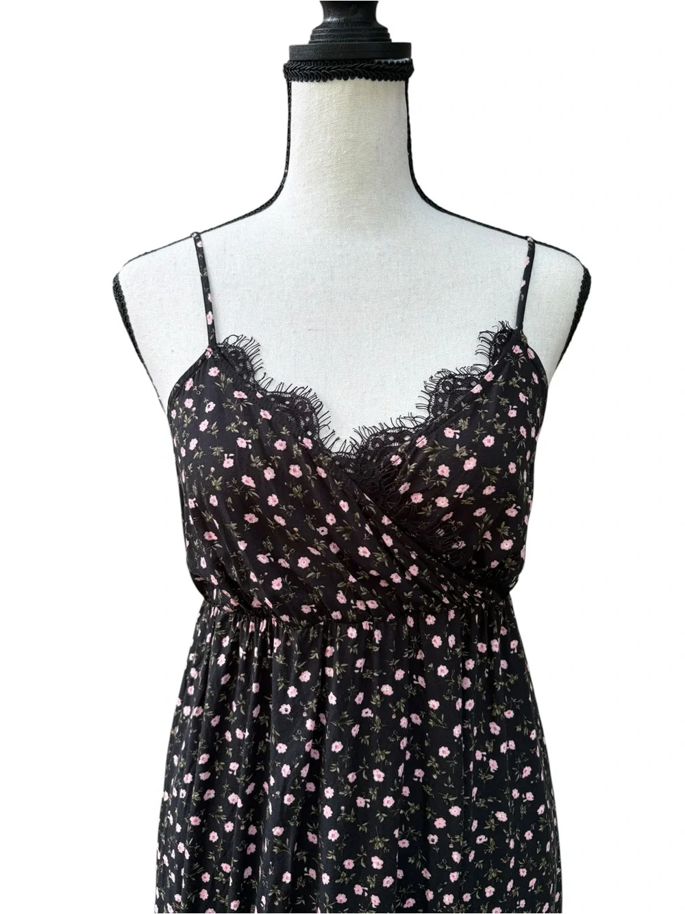 Old Navy Black Floral Lace-Trim Chemise with Pink Print